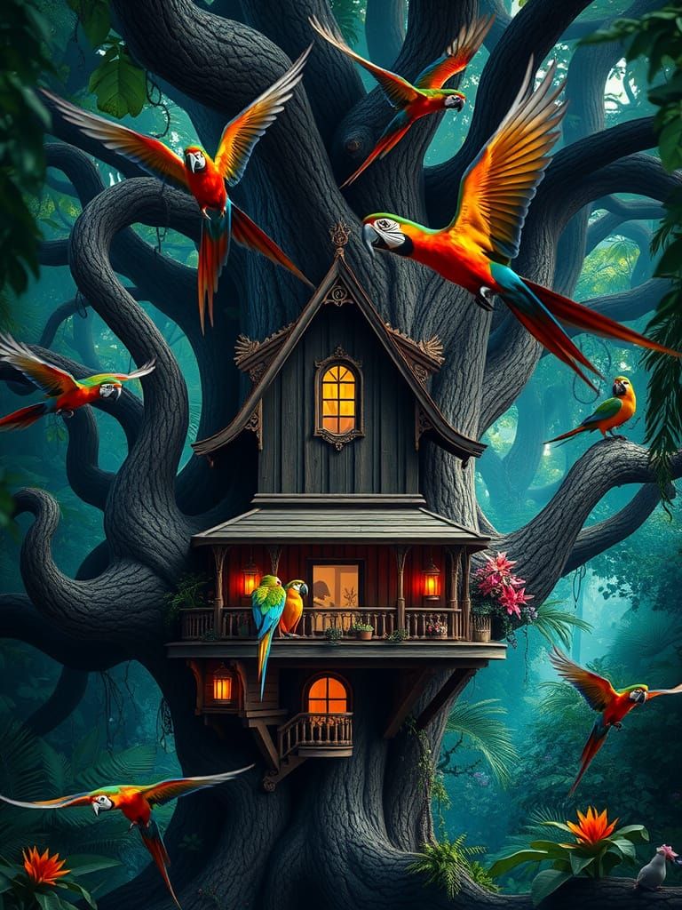 Parrots Soar Around Majestic Jungle Treehouse in Vibrant, De...