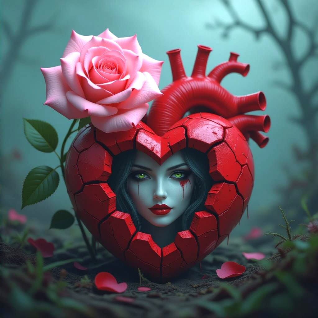 Haunted Rose and Heart with Eerie Face