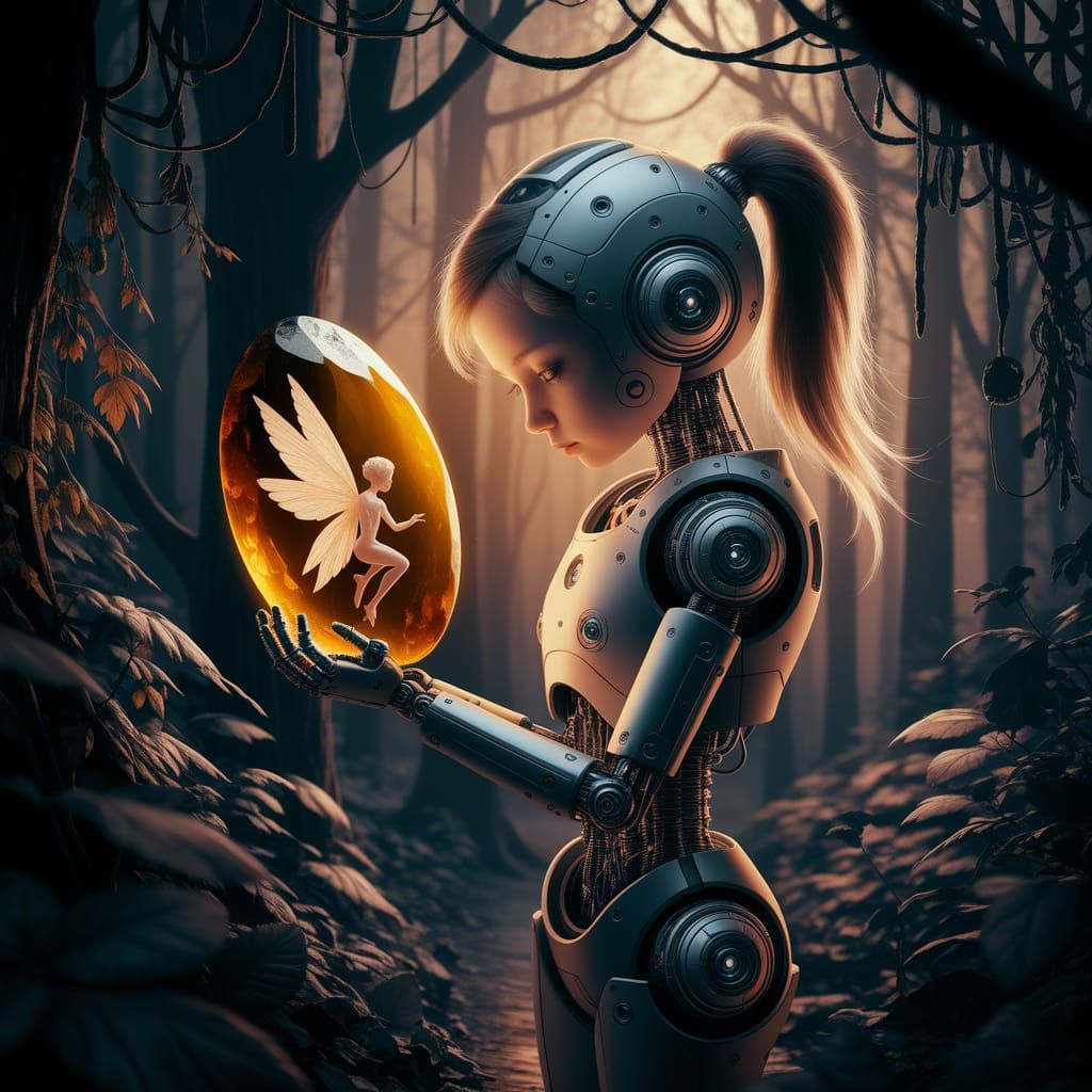 Droid Cradles Fairy Fossil in Eerie Forest