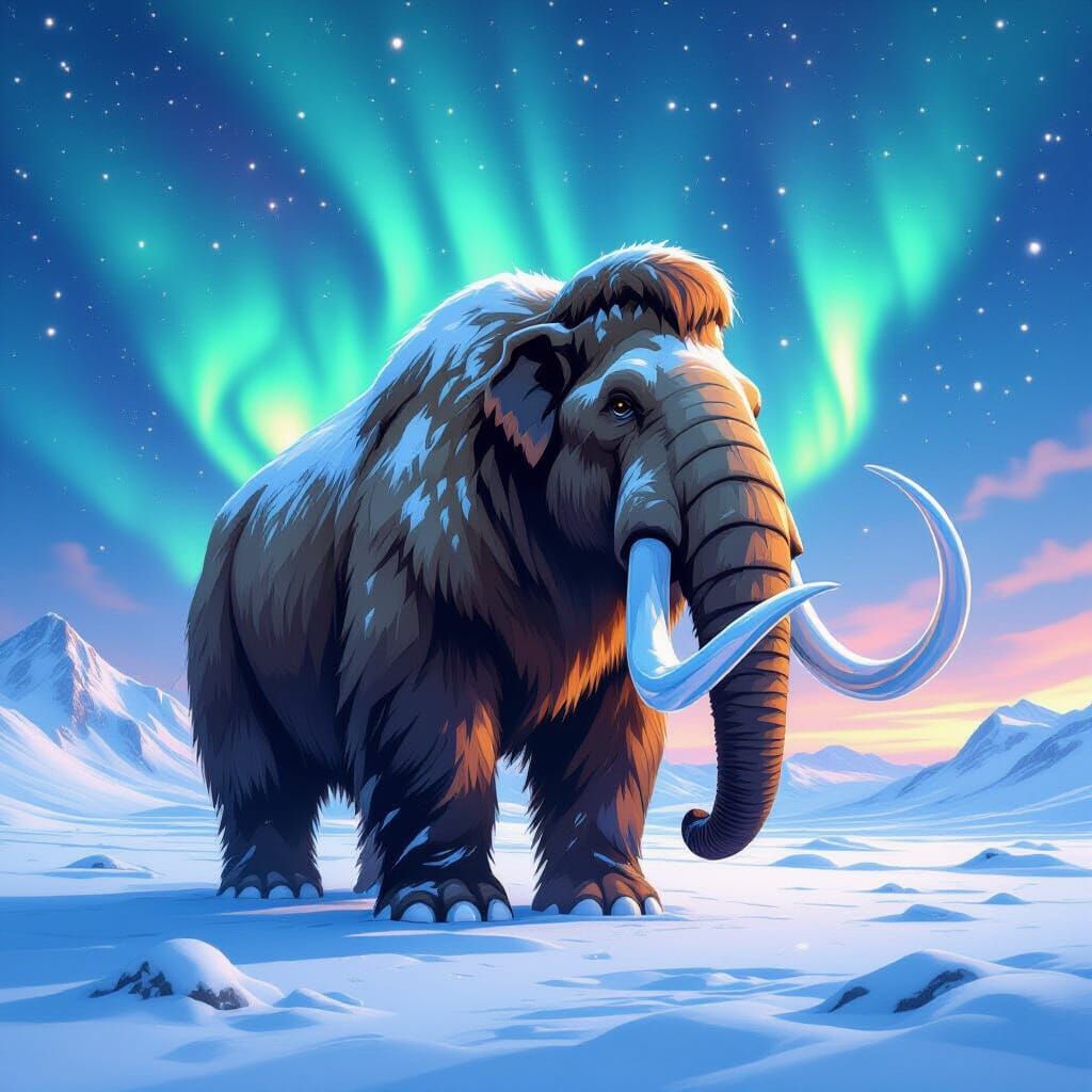 Majestic Mammoth in Antarctic Aurora Landscape
