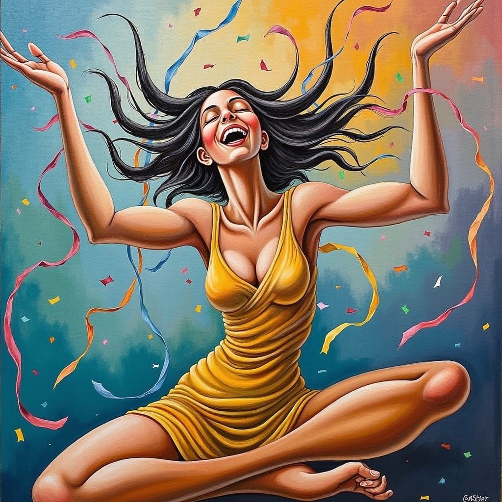 Joyful Woman in Confetti, Vibrant Futurism Style