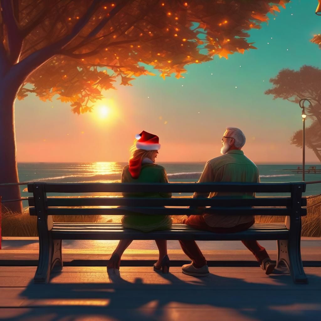 Christmas Sunset: Couple on Boardwalk Bench