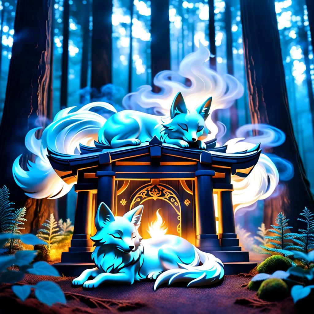 Ethereal Luminous Kitsune Mirage Sleeping by Shrine