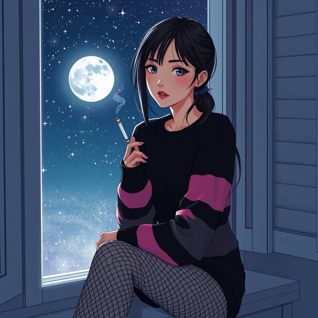Romantic Anime-Inspired Young Woman in Moonlit Window Scene
