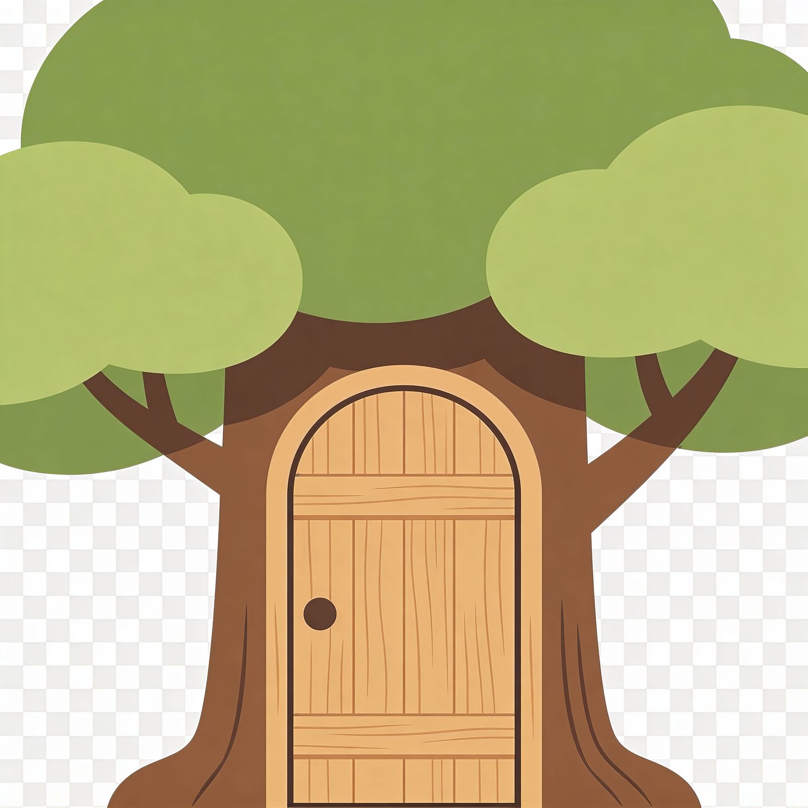 Tree With Integrated Wooden Door Flat Vector Illustration