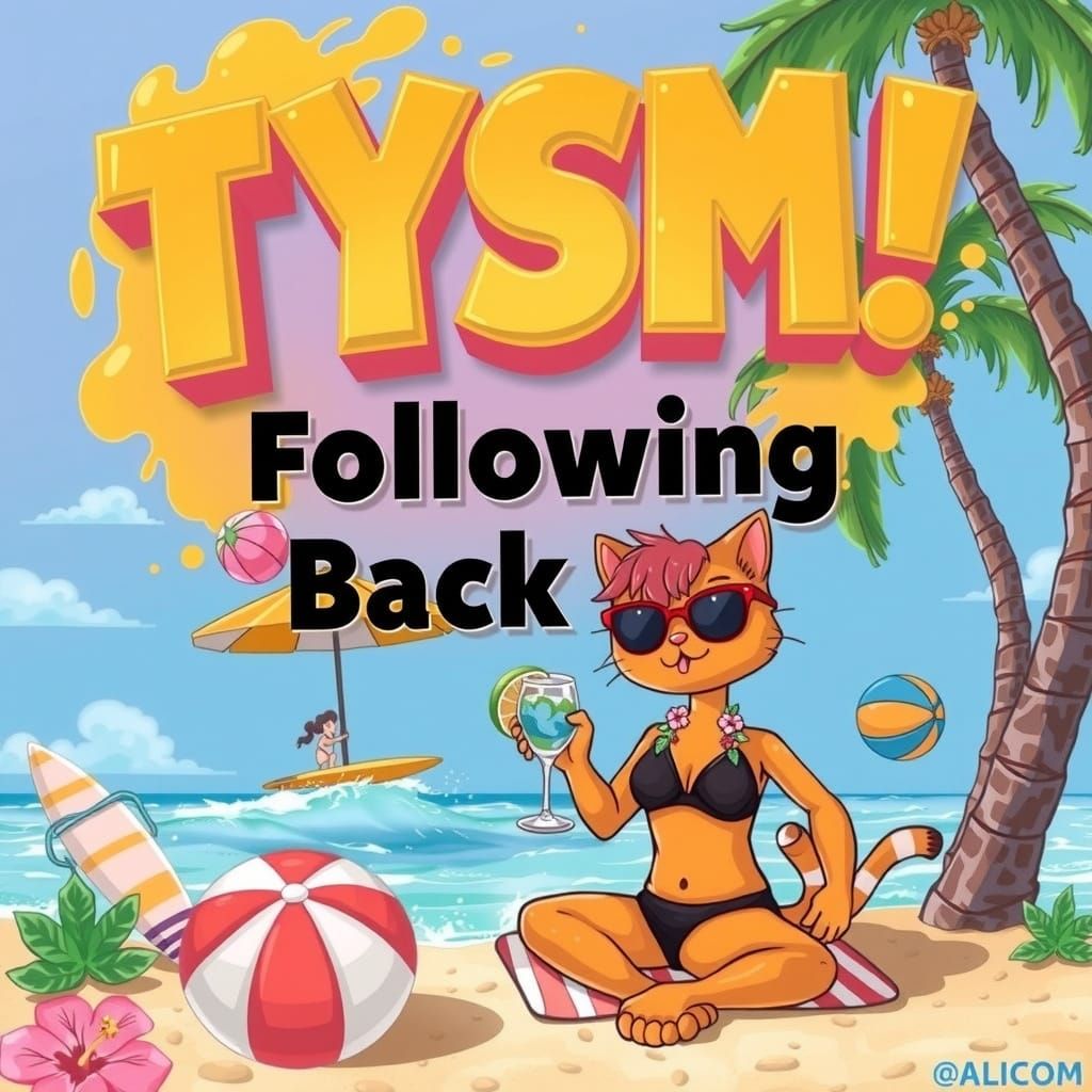 Vibrant and playful raised text that says "TYSM Following Back" set against a subtly textured backdrop in a whimsical, m...