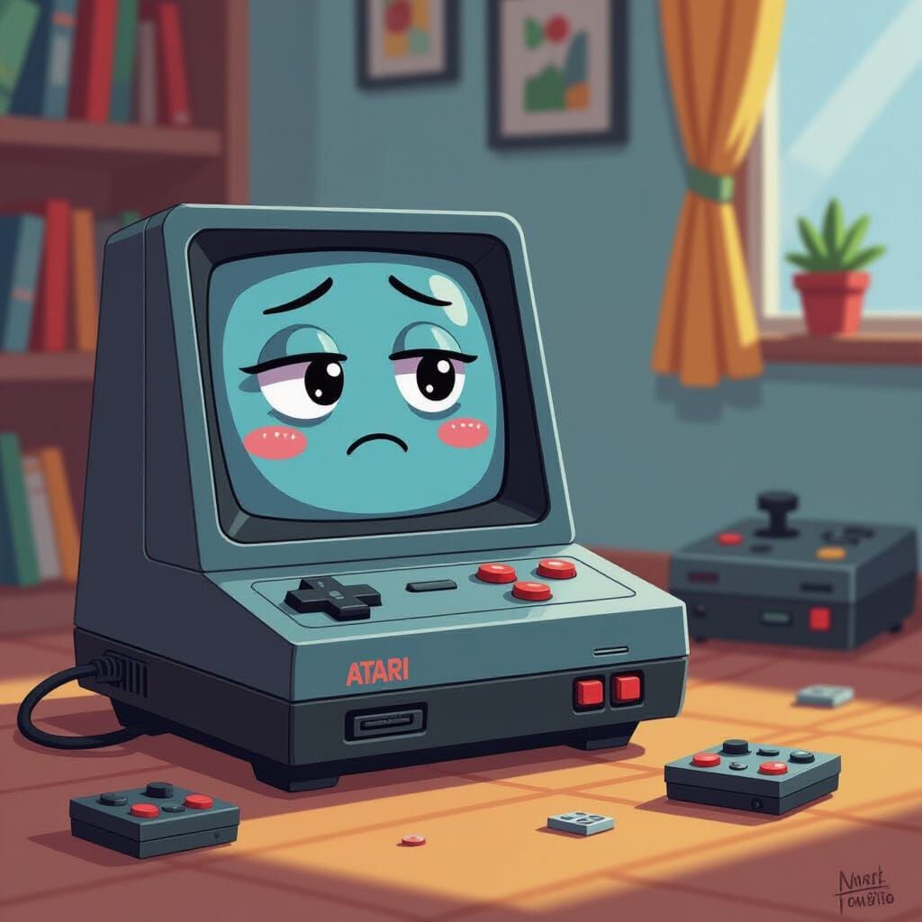 Sad Atari 2600 Ousted, Pixar Cartoon Style