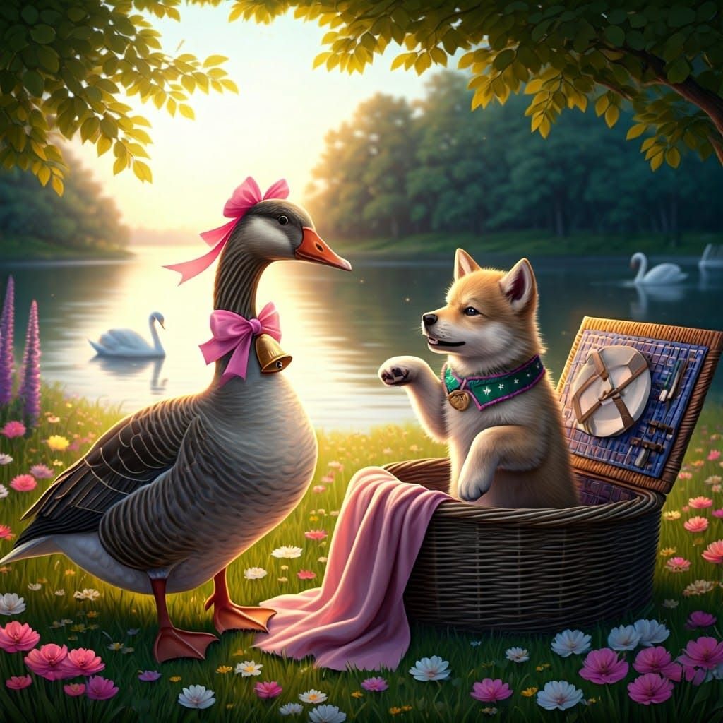 Goose and Puppy Friendship in Flower Field