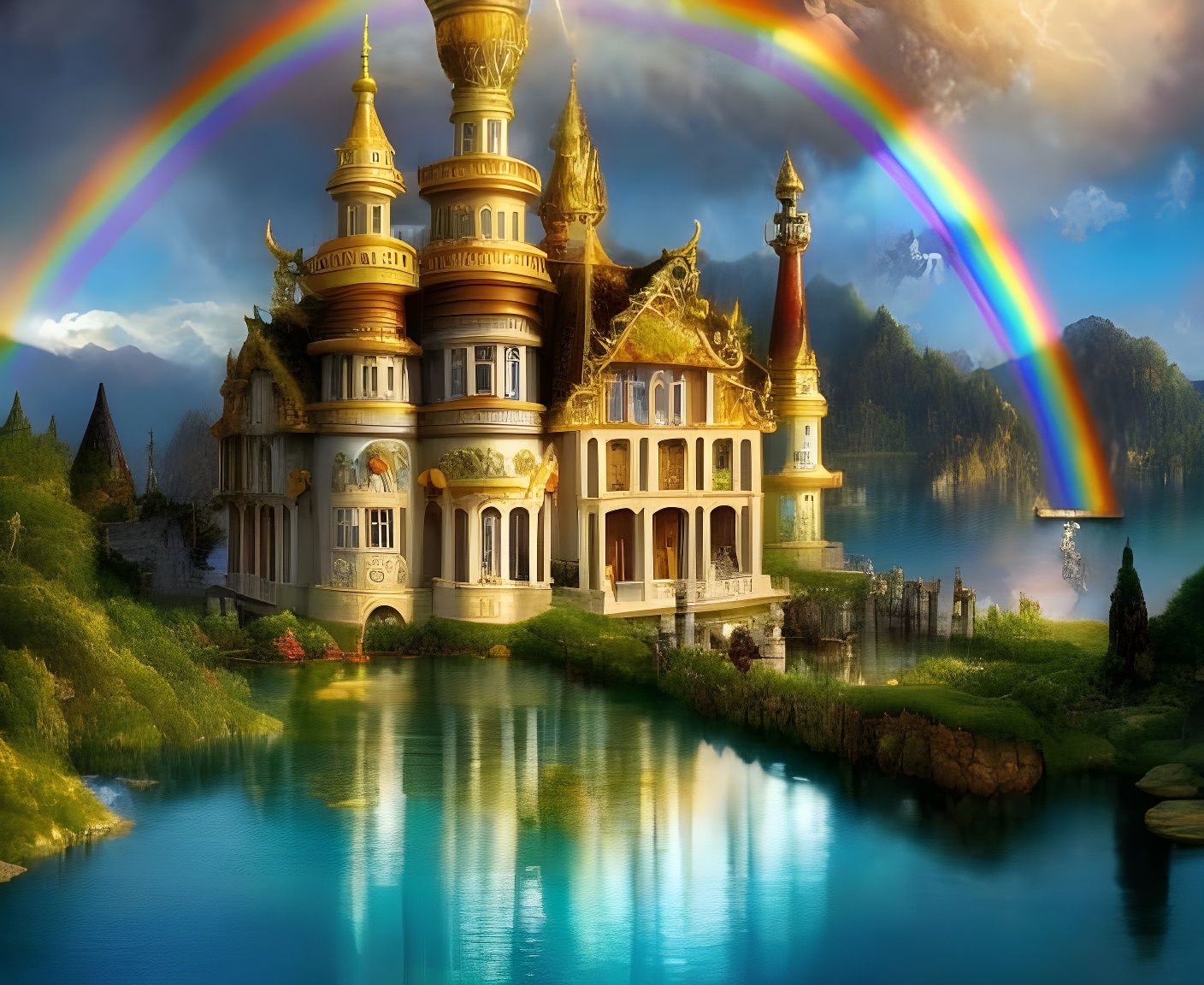 Fairytale Mansion with Rainbow Reflection