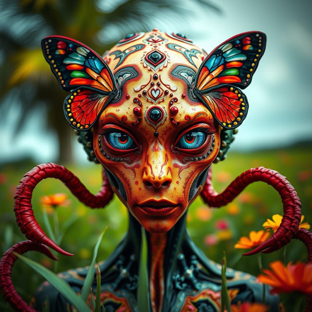 Kaleidoscope-Eyed Alien Woman in Maximalist Meadow