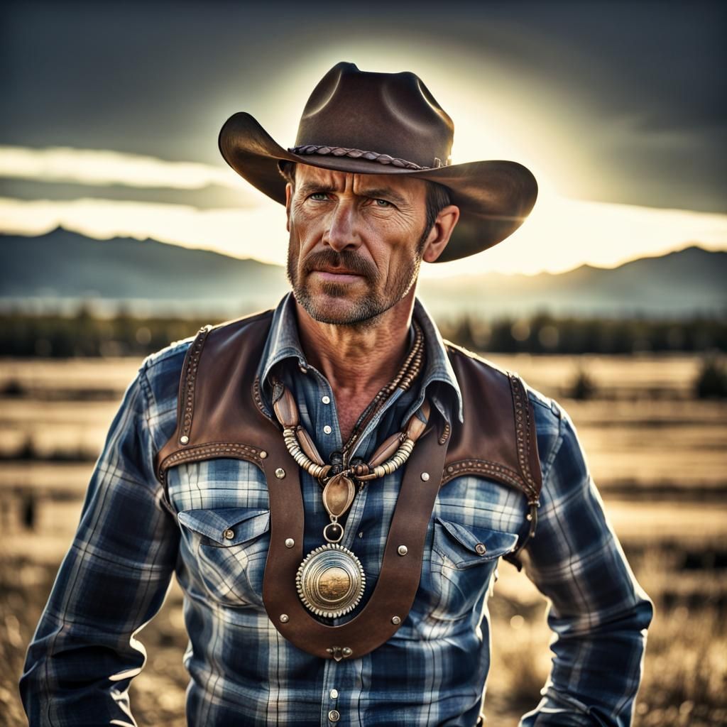 Hyperrealistic Cowboy Portrait with Ranch Backdrop