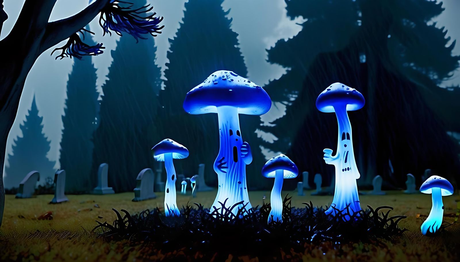 Ethereal Blue Mushrooms in Stormy Graveyard Scene