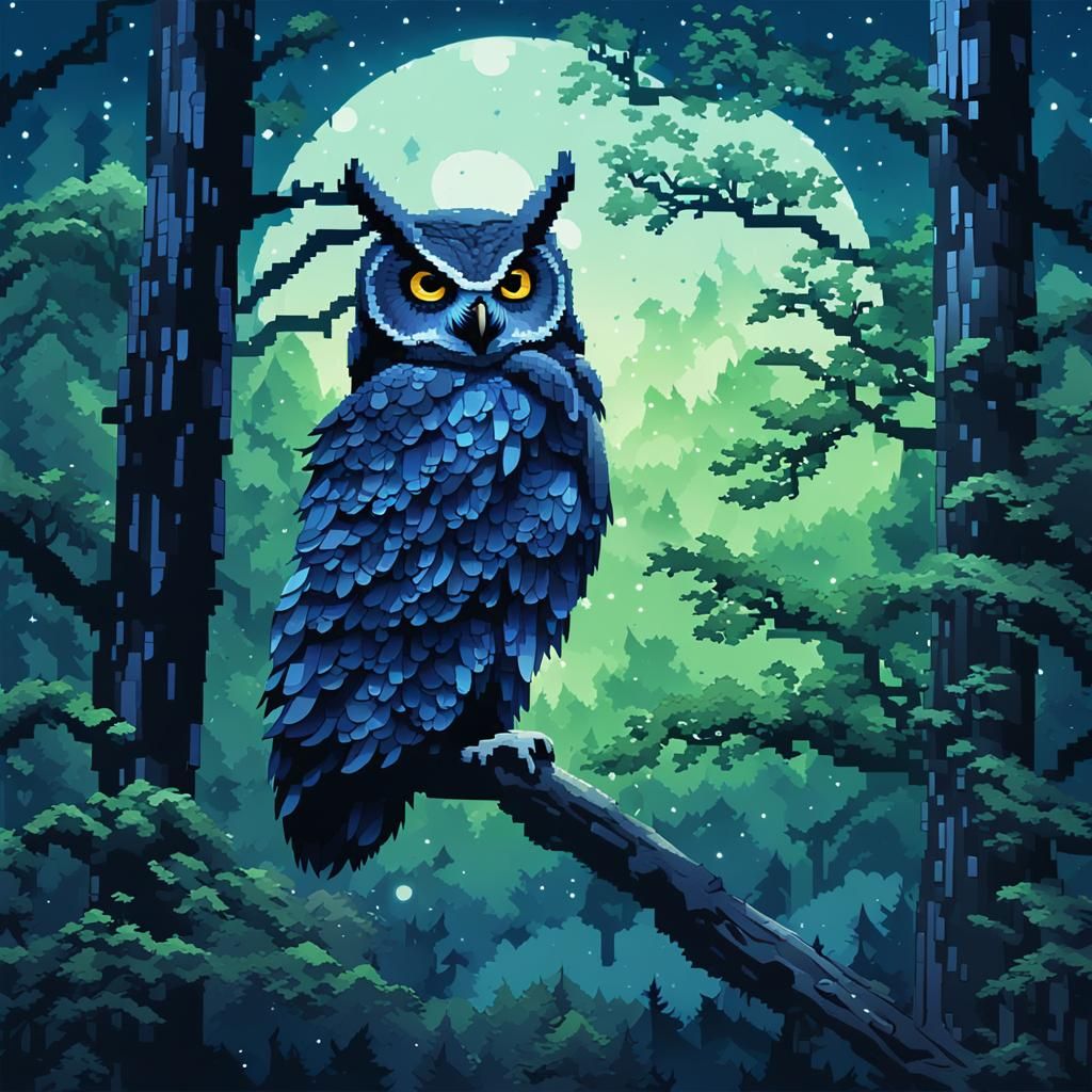 Mystical Owl in Moonlit Forest: Pixel Art