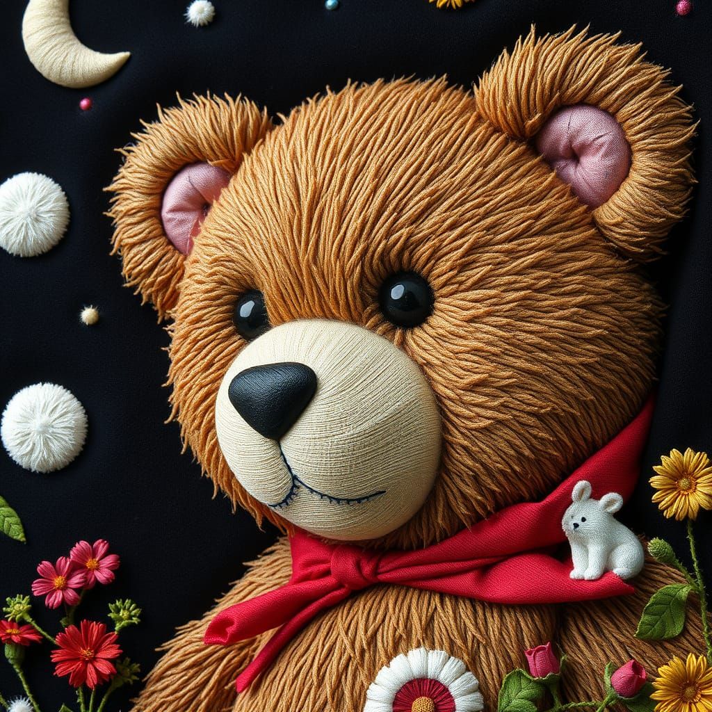 Vibrant Fabric Art of a Teddy Bear in Whimsical Style