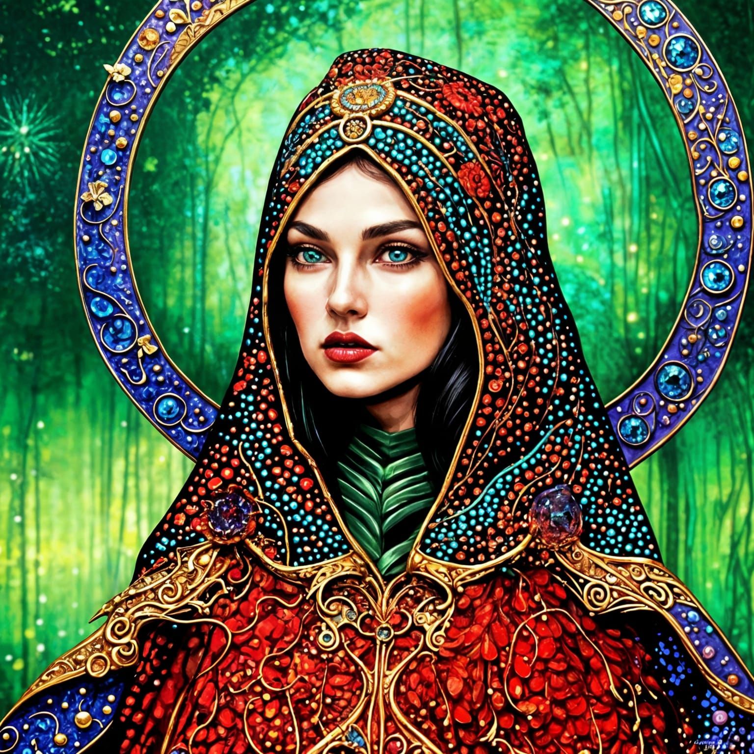 Surly sorceress, emerald bejeweled, dazzling, folk art, fore...