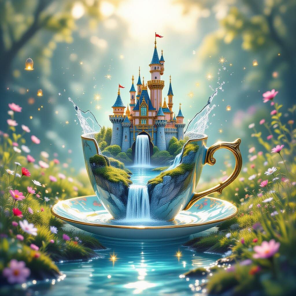Fantasy Castle Emerges from Broken Cup with Waterfalls