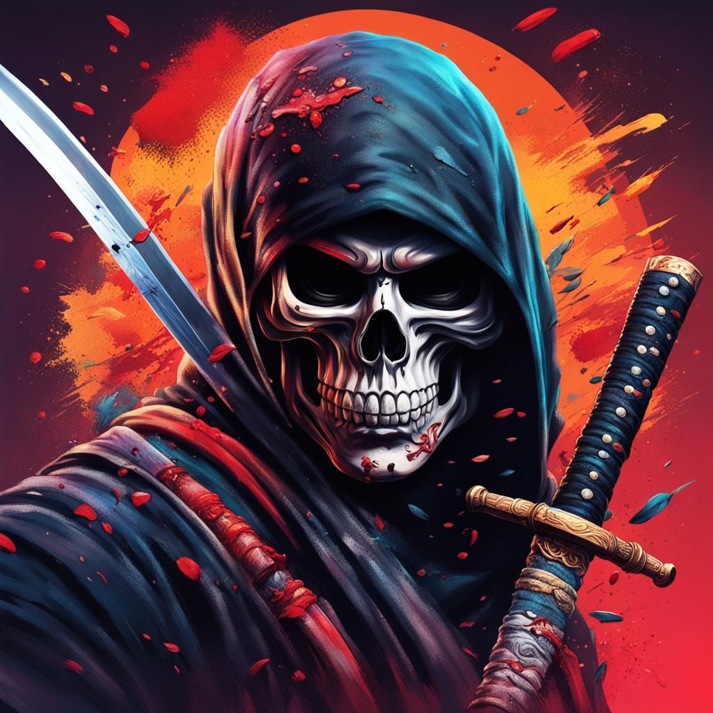 Hyperrealistic Ninja Skull with Katana Sword