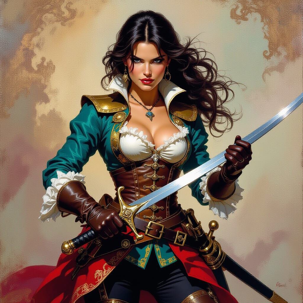 Female Musketeer in Ornate Attire, Fantasy Oil Painting