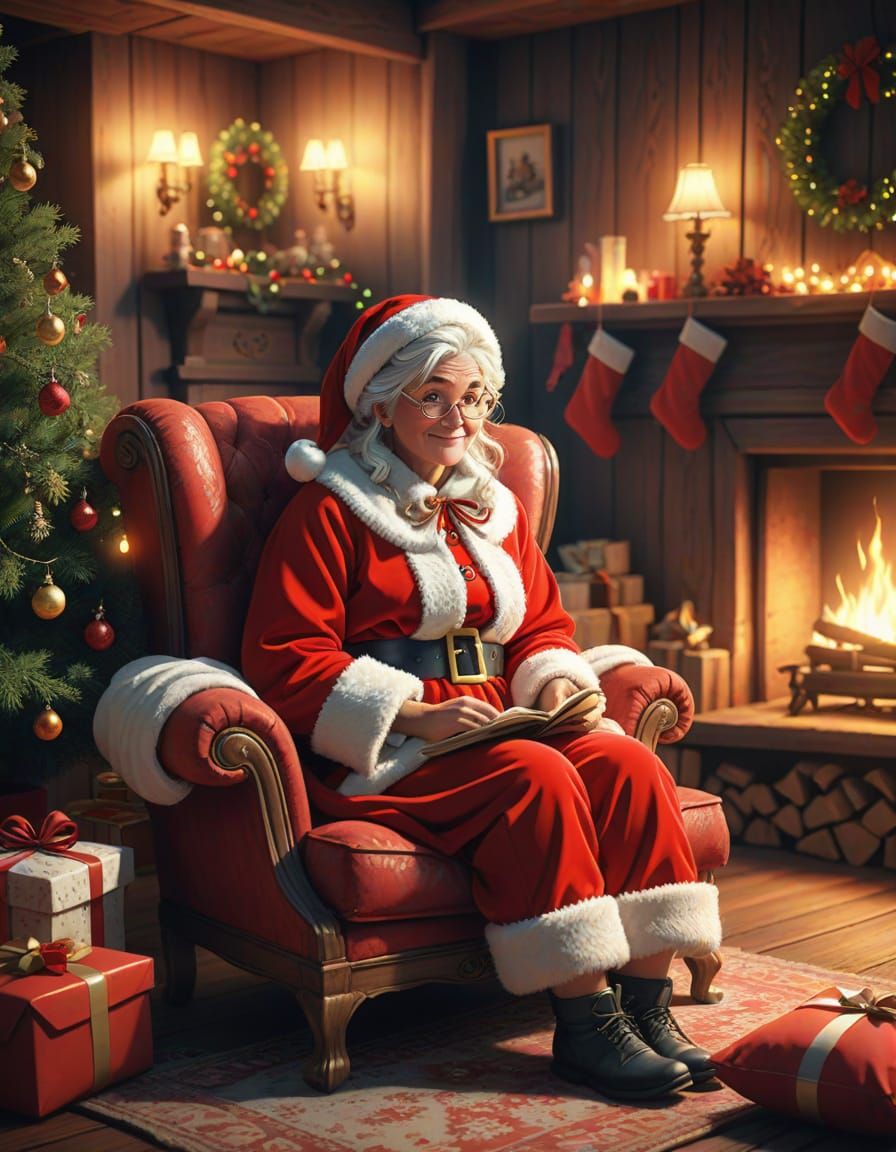 Mrs Claus Rests With Santa By Cozy Fireplace
