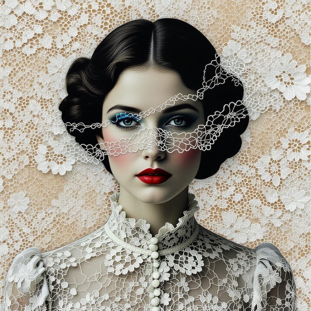 Surreal Lace Woman Woven Collage Art