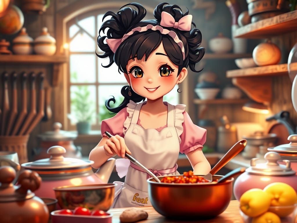 Whimsical Witchcraft in a Cozy Kitchen Scene