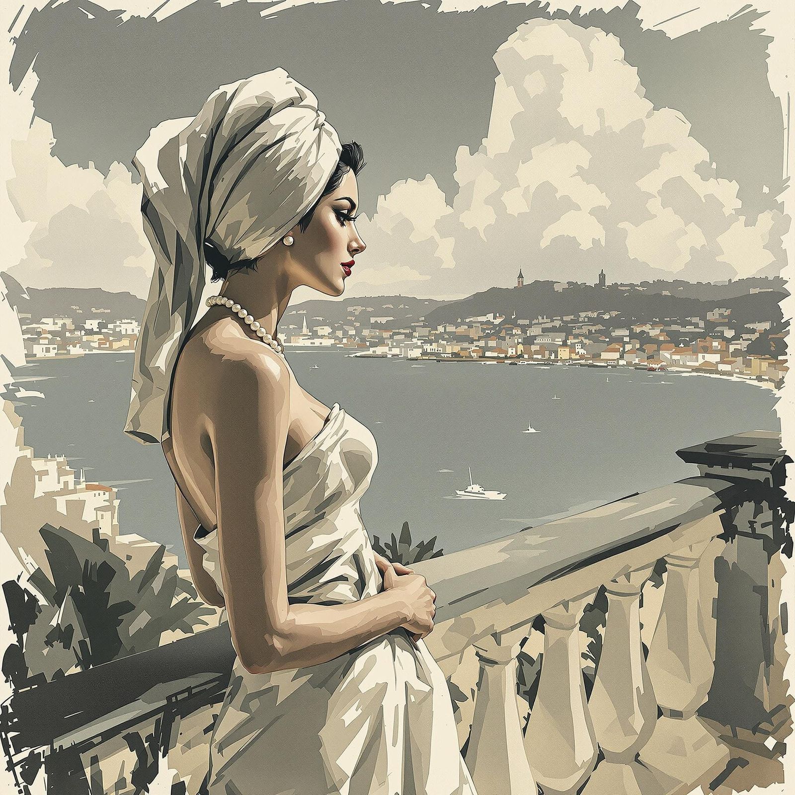 Vintage Beauty Overlooking Cannes in Noir Style