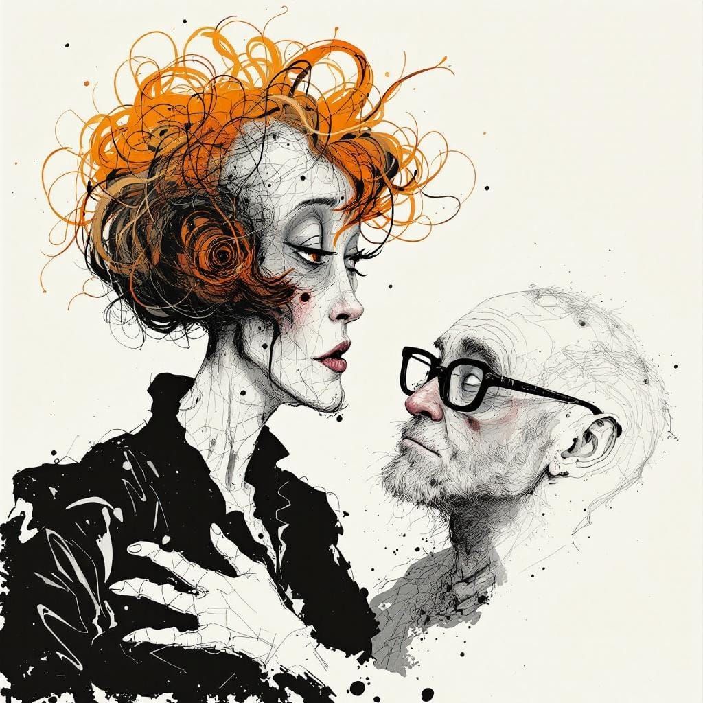 Surrealistic Sketch of Elderly Couple Embracing Change