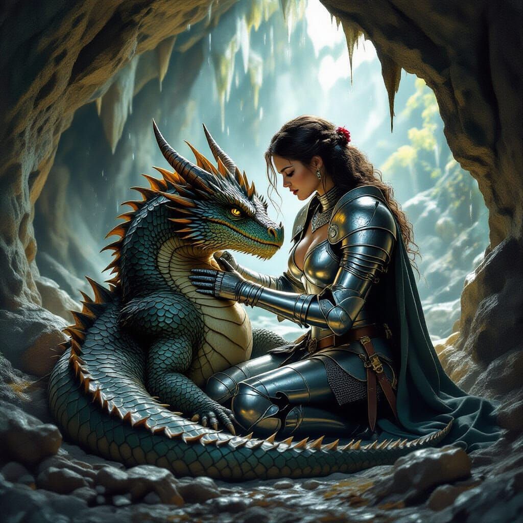 Medieval Knight Cares for Dragon in Hidden Cave