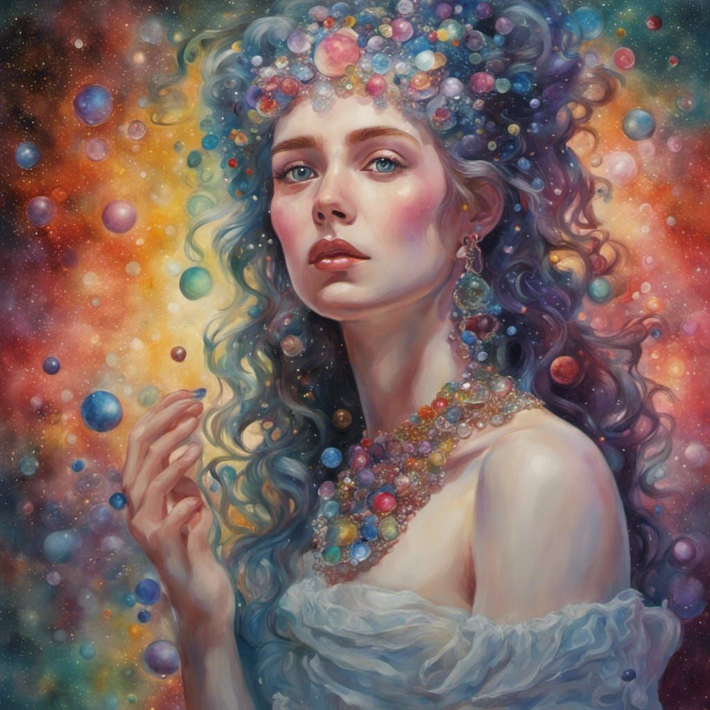 Woman with Jeweled Hair in Iridescent Galaxy