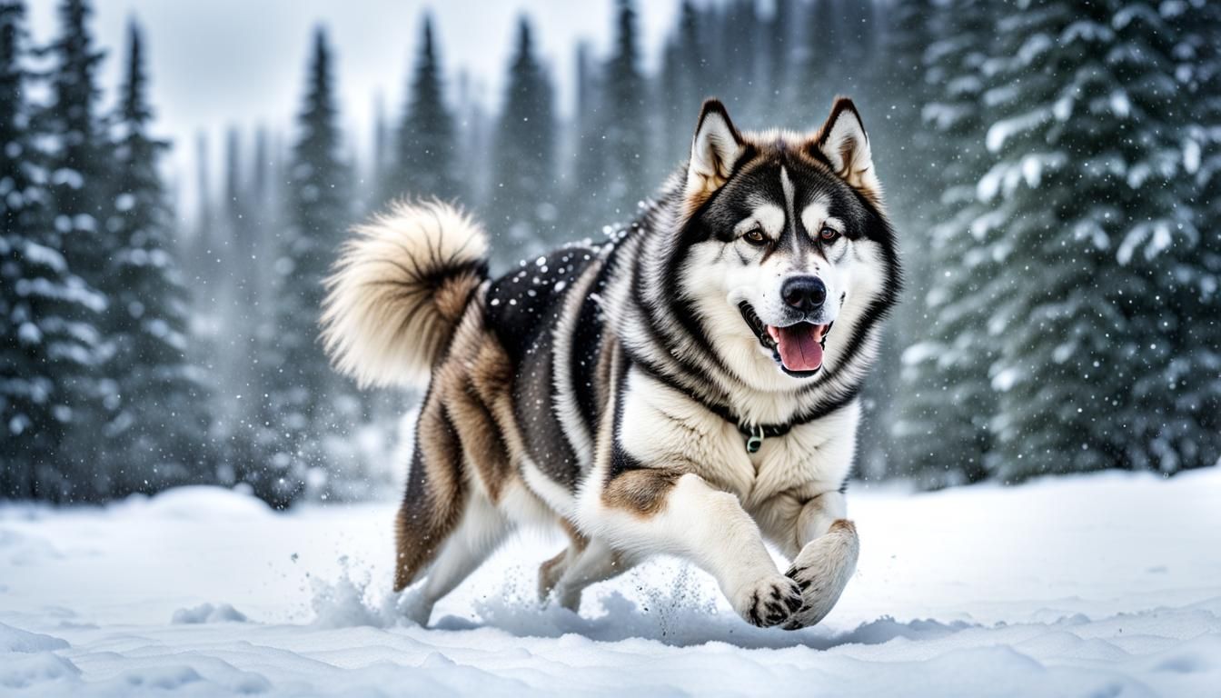 Alaskan Malamute Playing in Snow, Realistic 8K