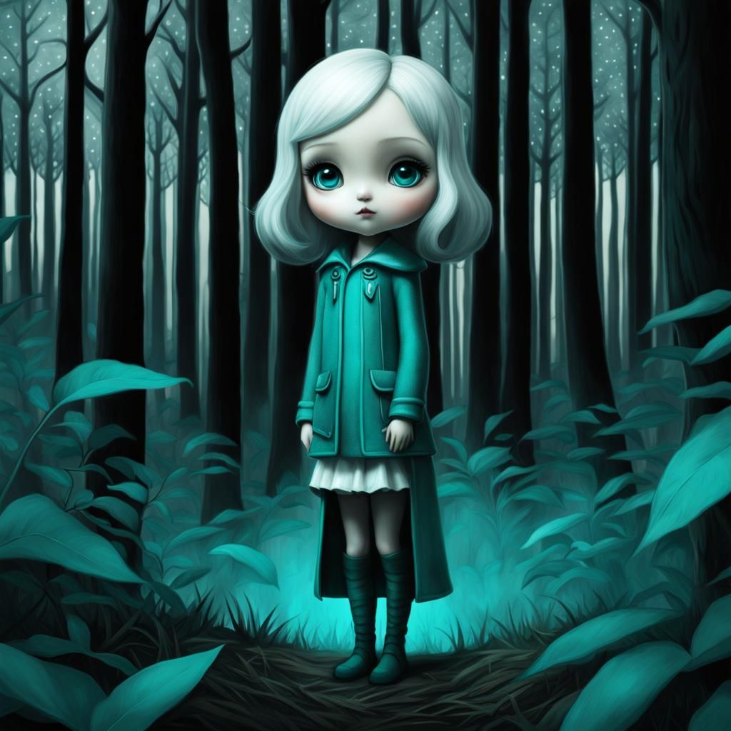 Chibi Girl in Teal Forest Clearing