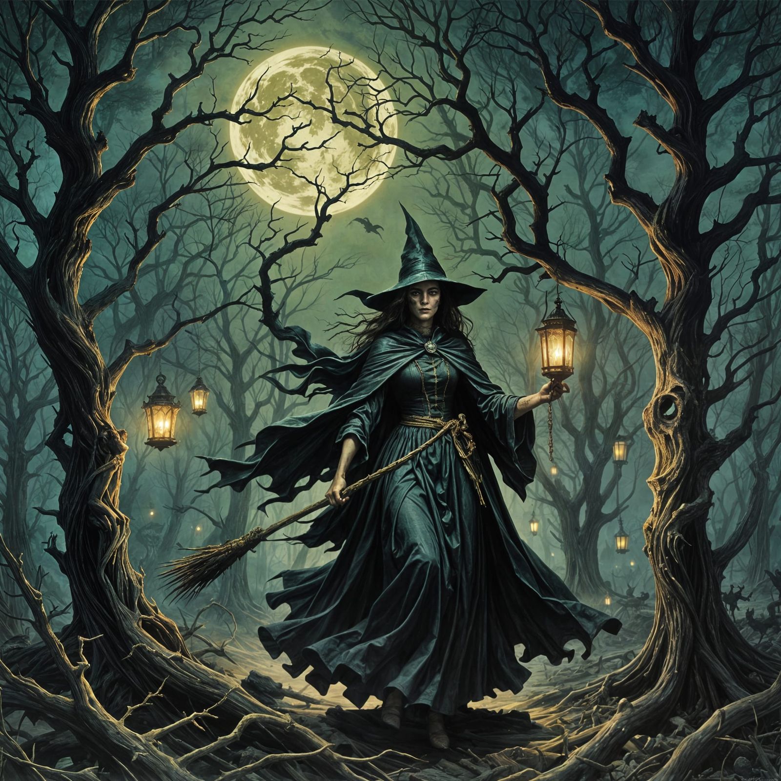 Wicked Witch on Broomstick in Horror Style