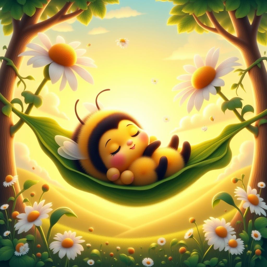 Bumblebee in Daisy Hammock Cartoon Illustration