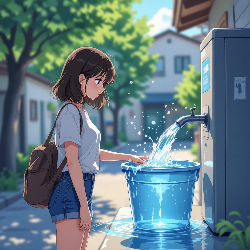 Anime Woman's Water Station Surprise in Manga Style