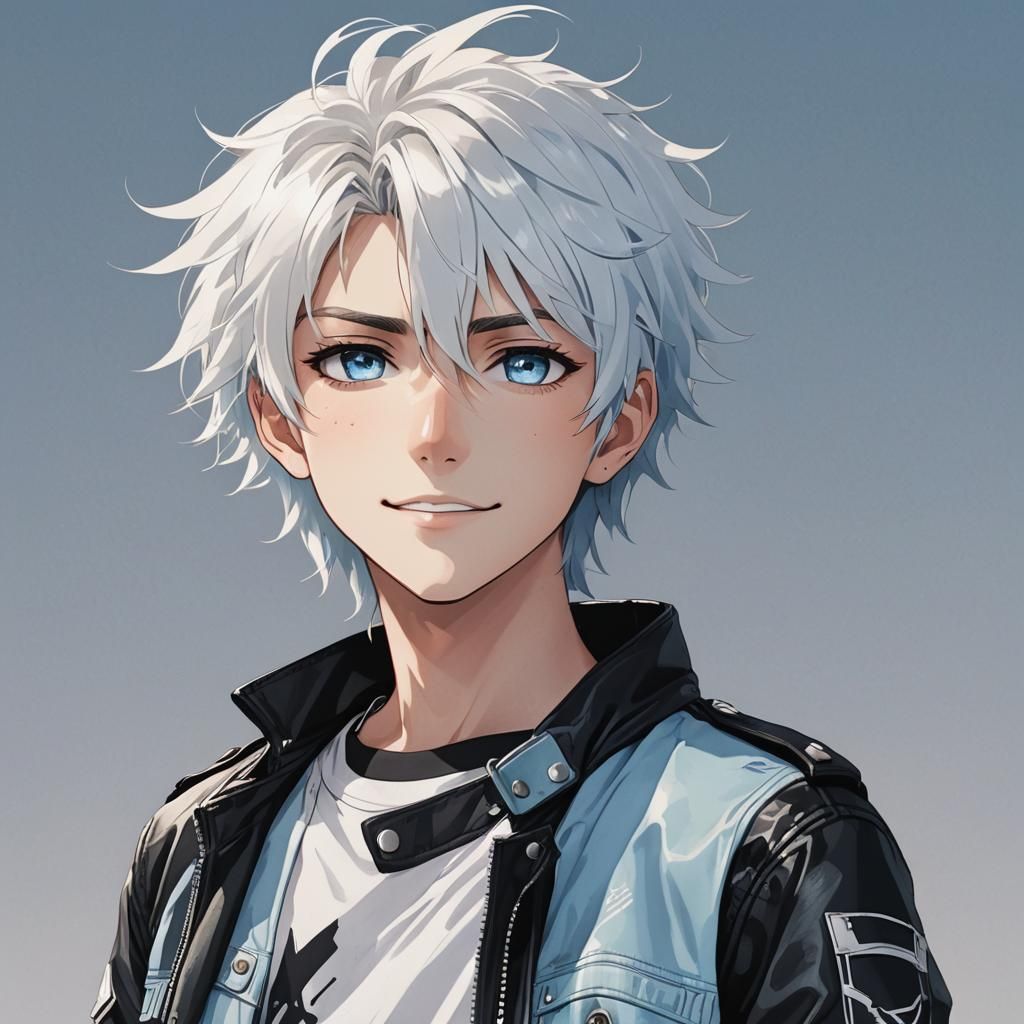 Handsome Anime Boy with White Hair and Blue Eyes
