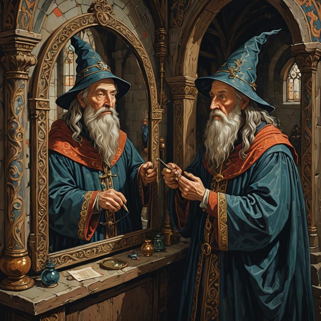 Wizard's Reflection: A Medieval-Style 2D Painting