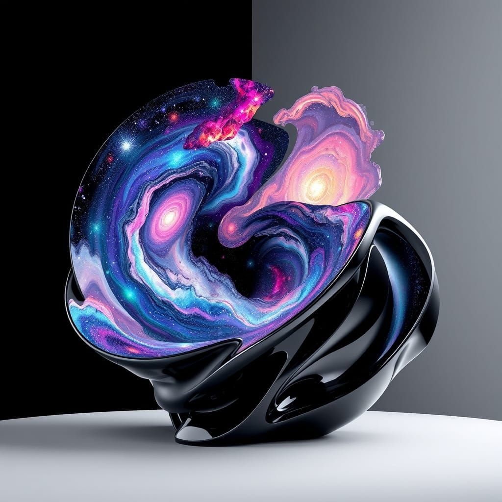 Cosmic Surrealist Sculpture in Vibrant, Swirling Galaxy