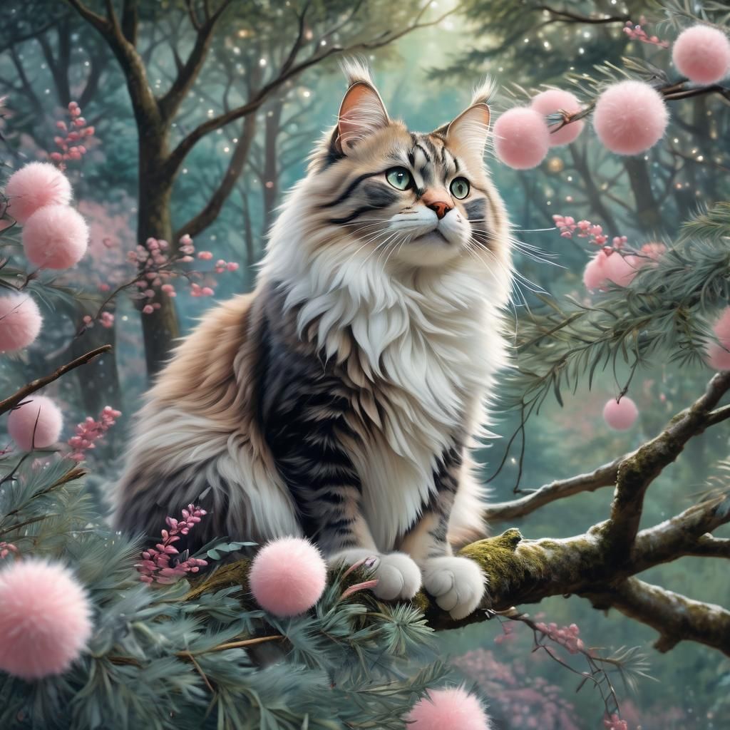 Forest Cat with Pom-Pom Ears in Whimsical Oil Painting