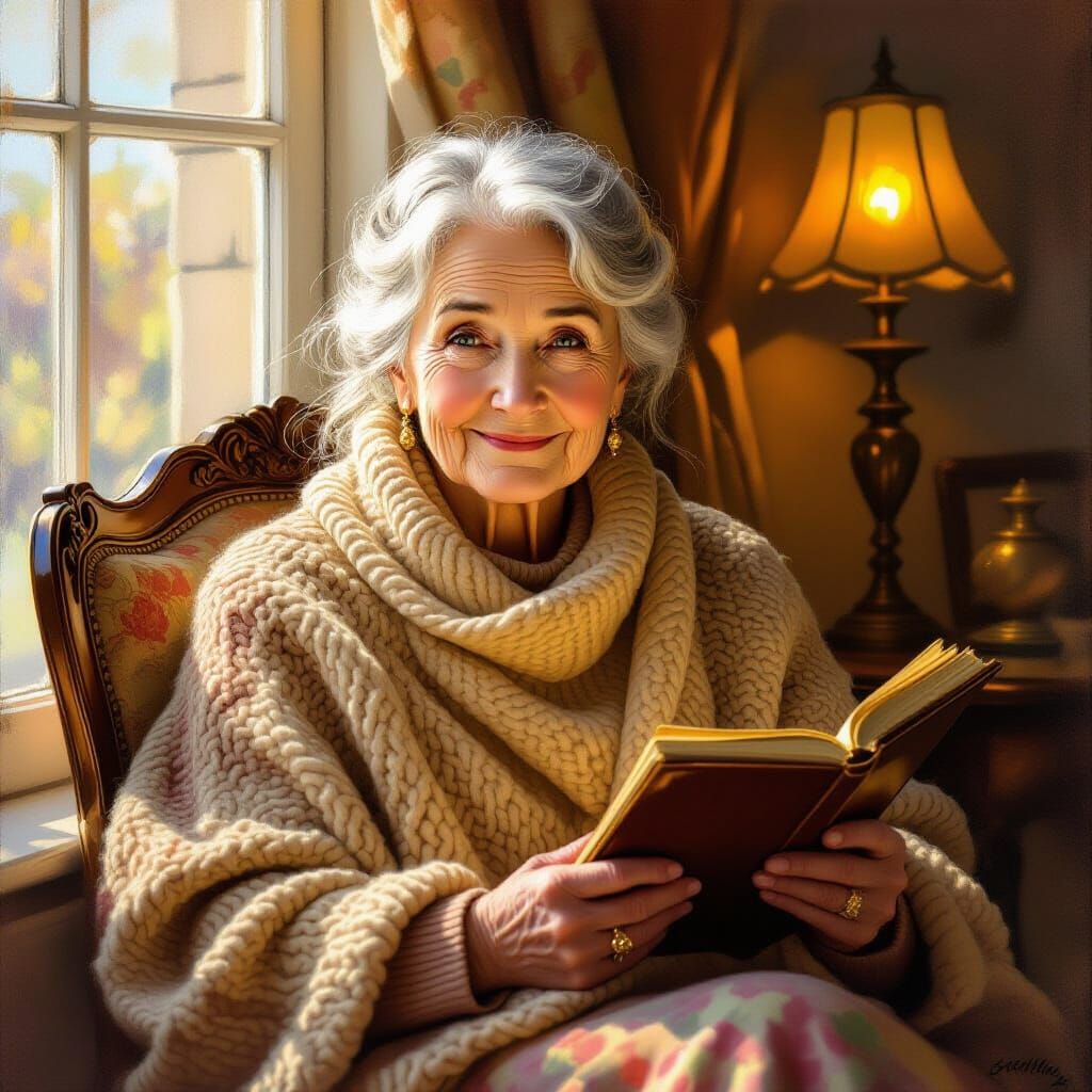 Elderly Woman in Impressionist Style with Soft Sunlight