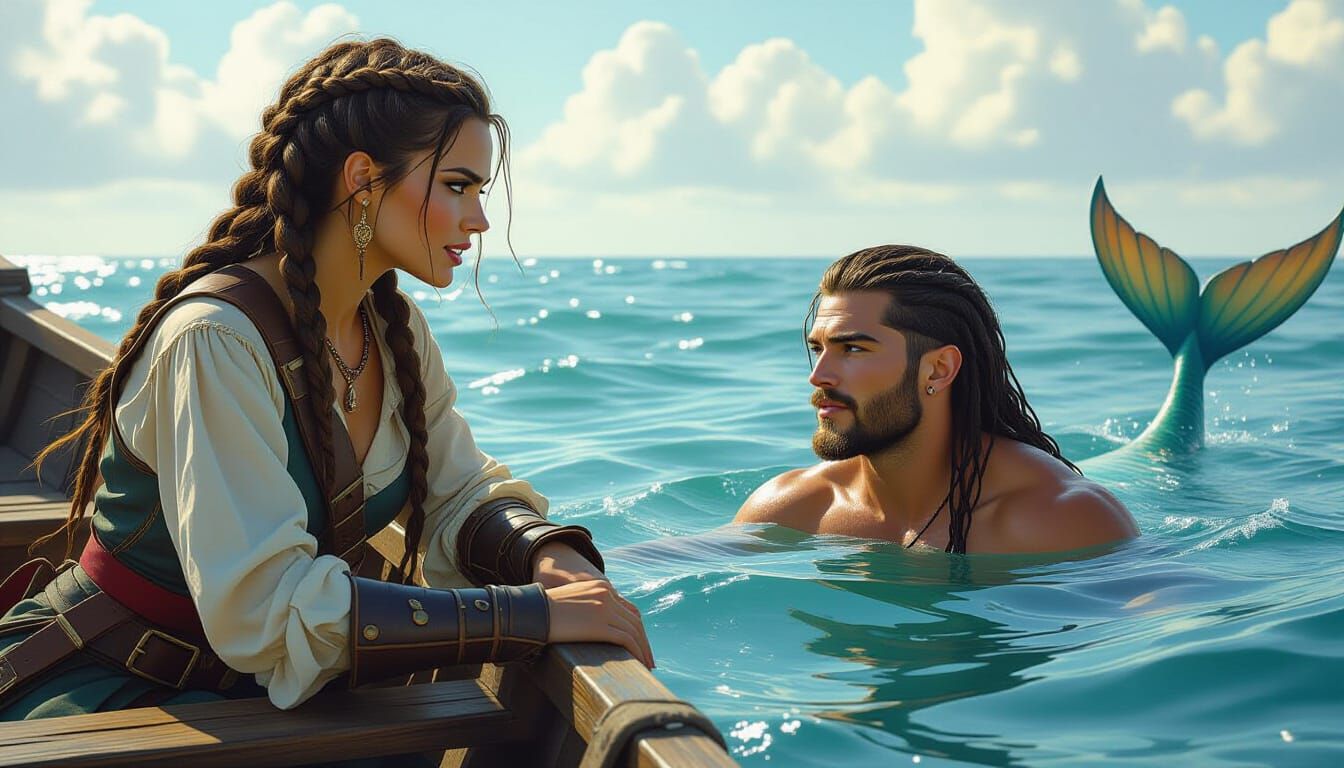 Pirate Woman and Merman Conversation at Sea