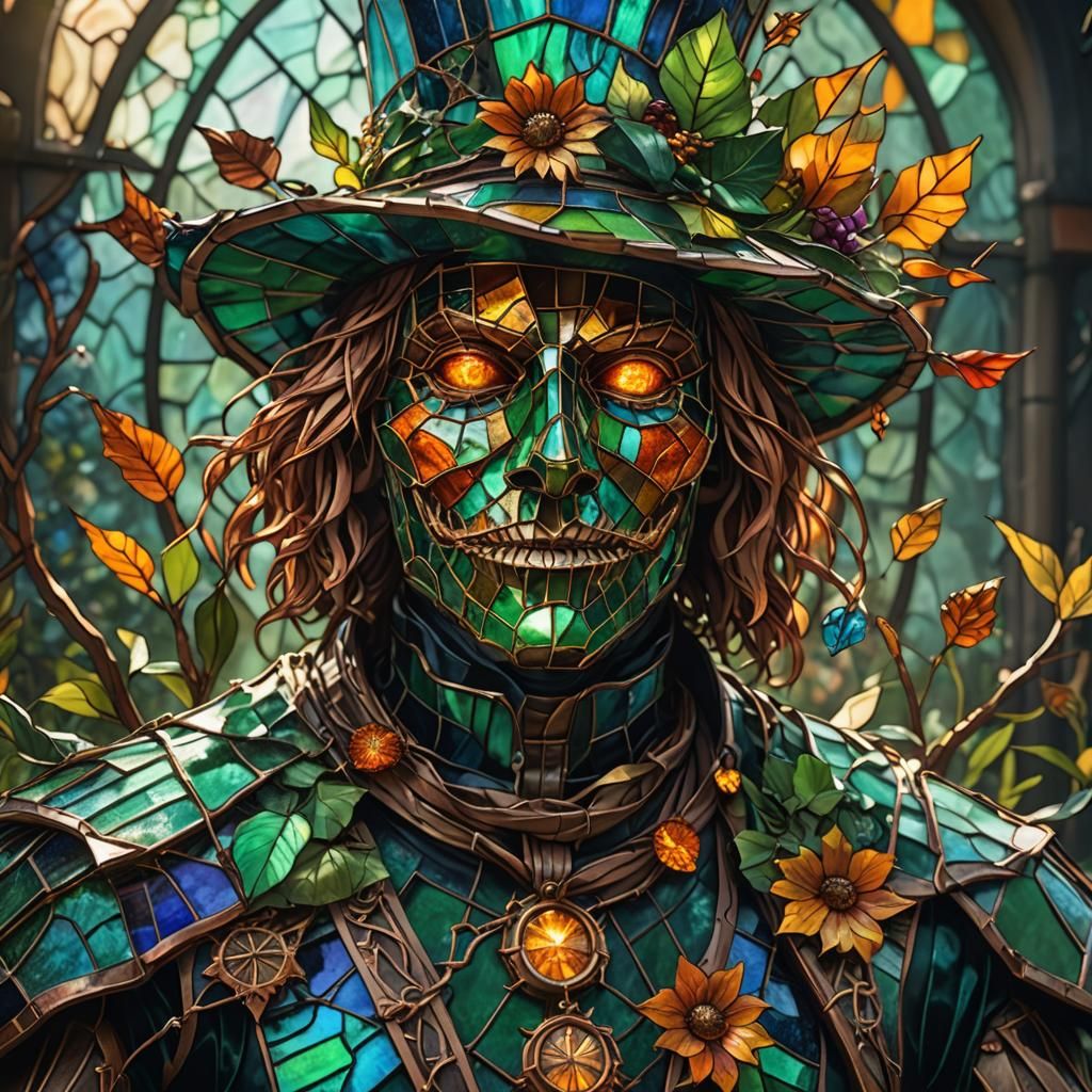 Stained-Glass Scarecrow in Mystical Garden, Fantasy Art