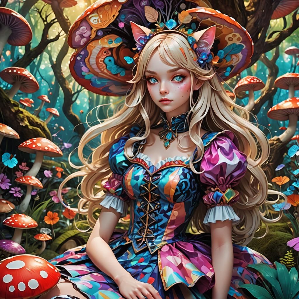 Psychedelic Anime Cat Girl in Dream Forest