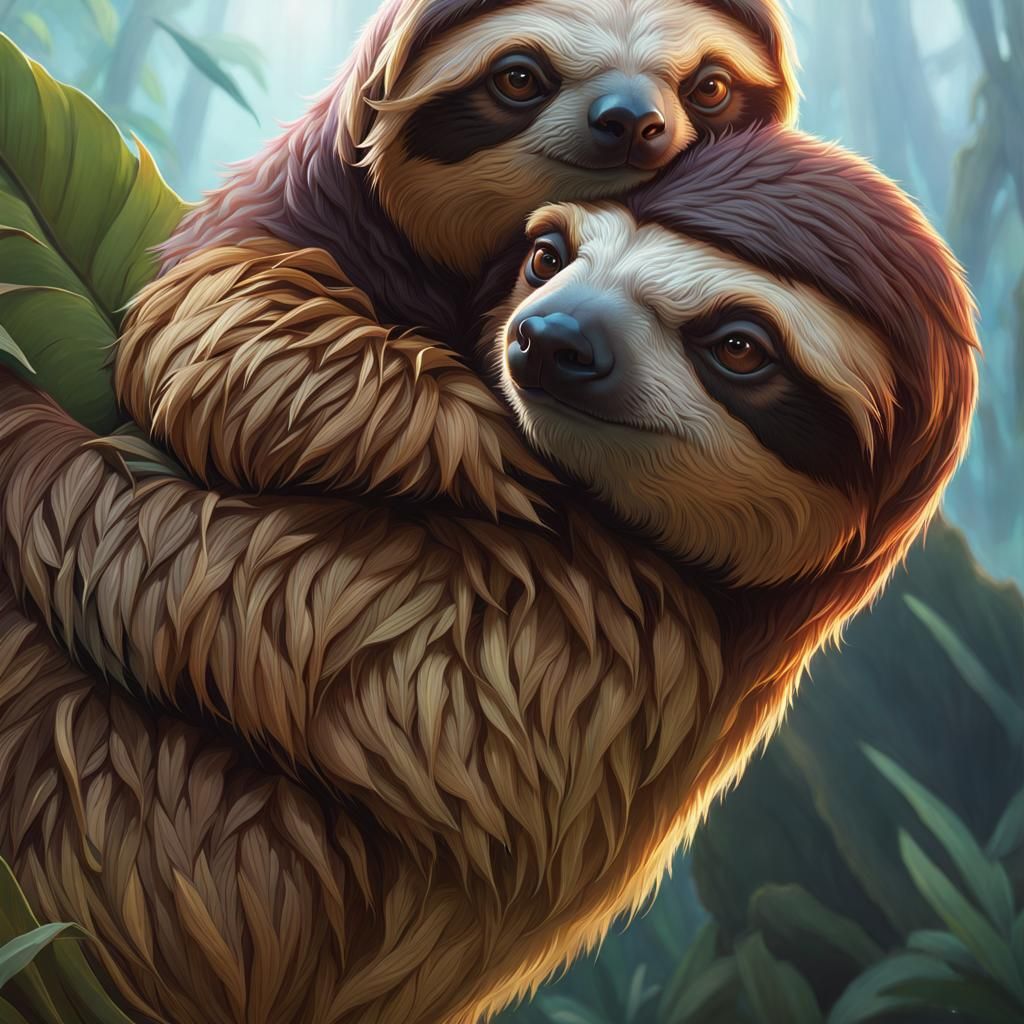 Sloths Hugging: Detailed Digital Portrait