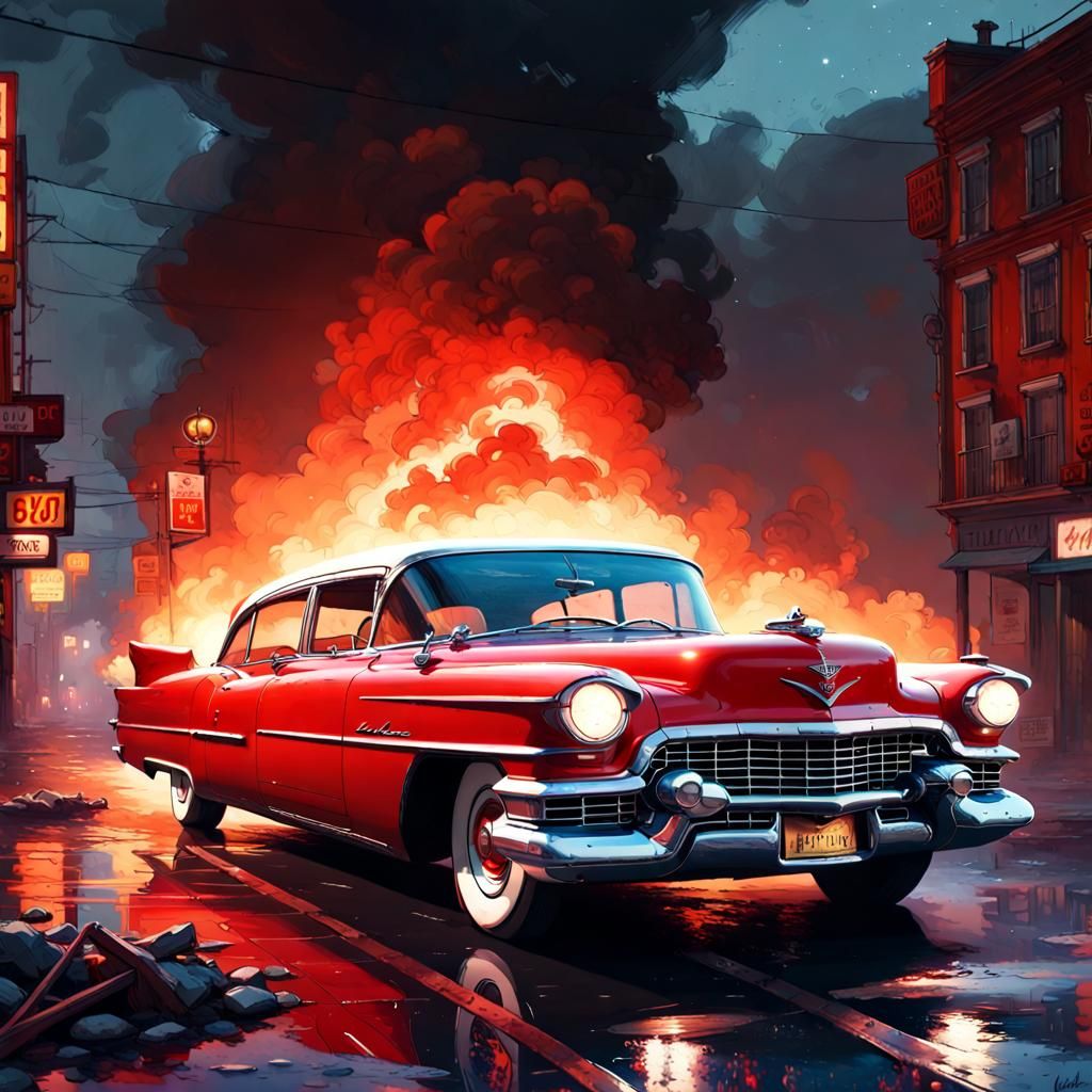 Fiery 1955 Cadillac Fleetwood Ghost Car Concept Art