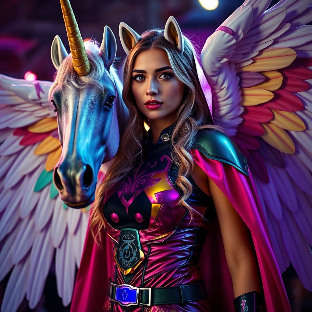 Ethereal Superhero Maiden Soars with Unicorn