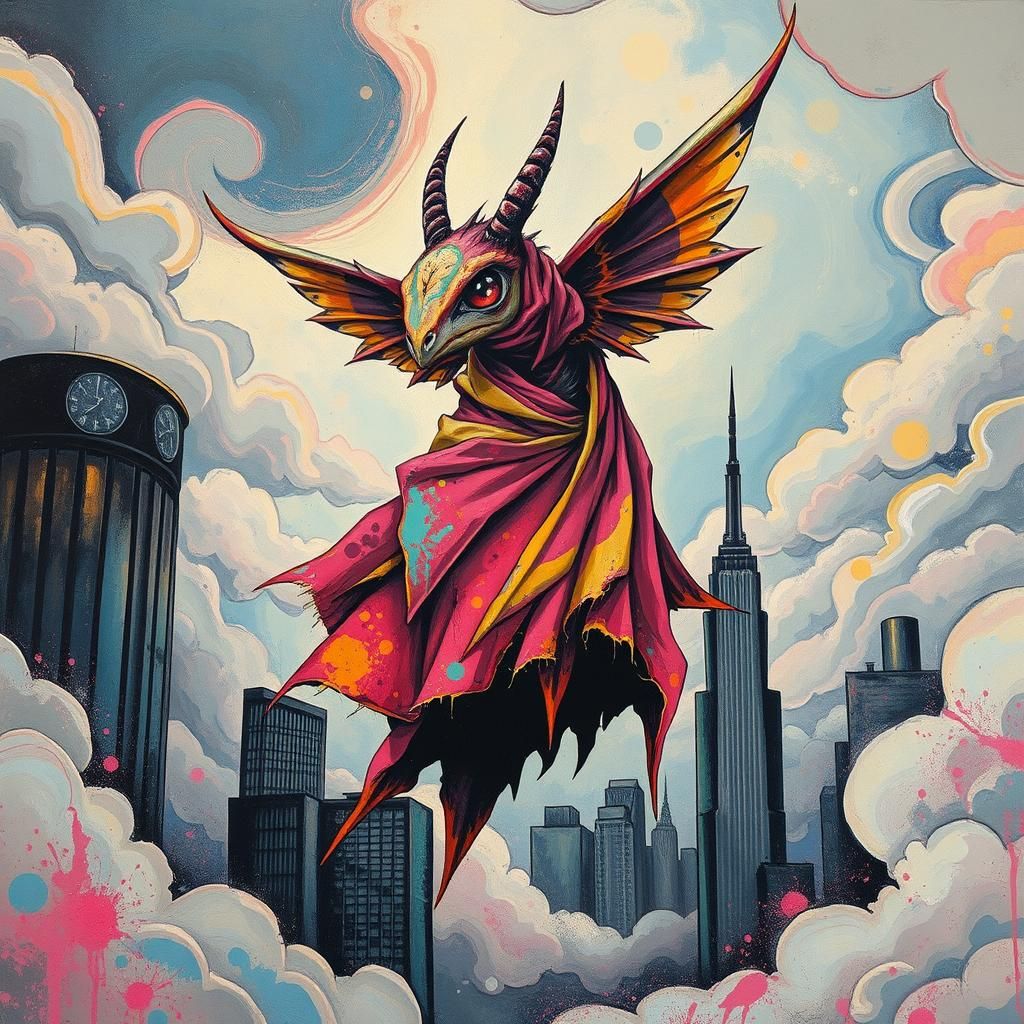 Flying One-Eyed Creature in Urban Graffiti Dreamscape