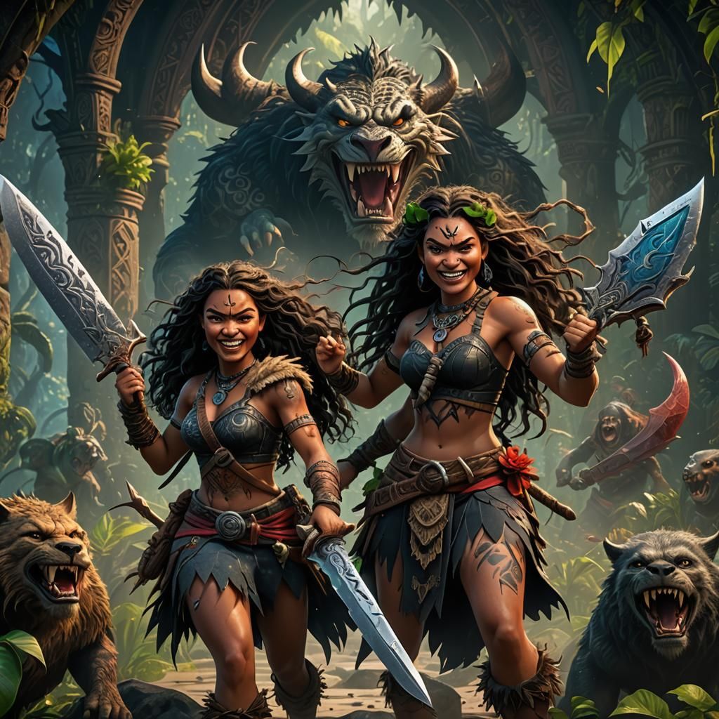 Gothic Moana: Fierce Beast Hunter in Dark Fantasy Art