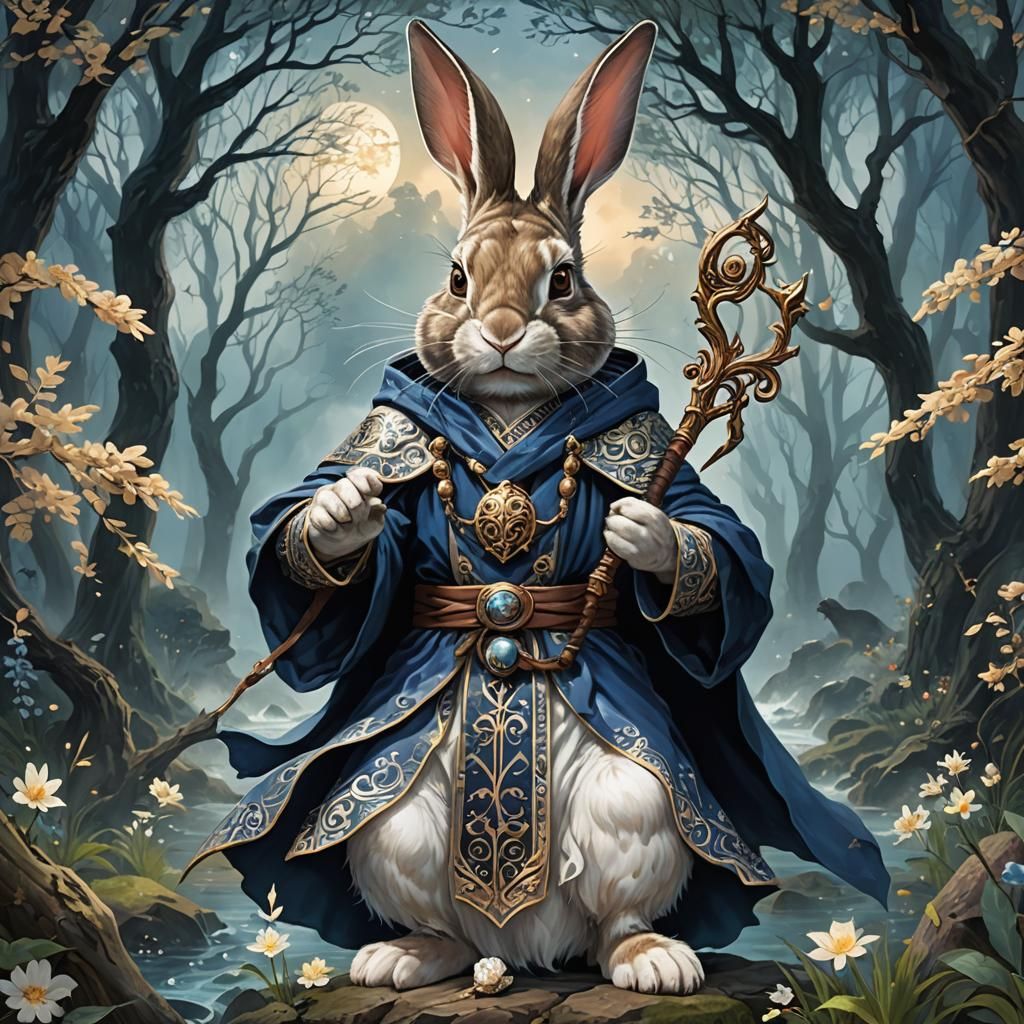Warrior Rabbit Wizard in a Magical Realm