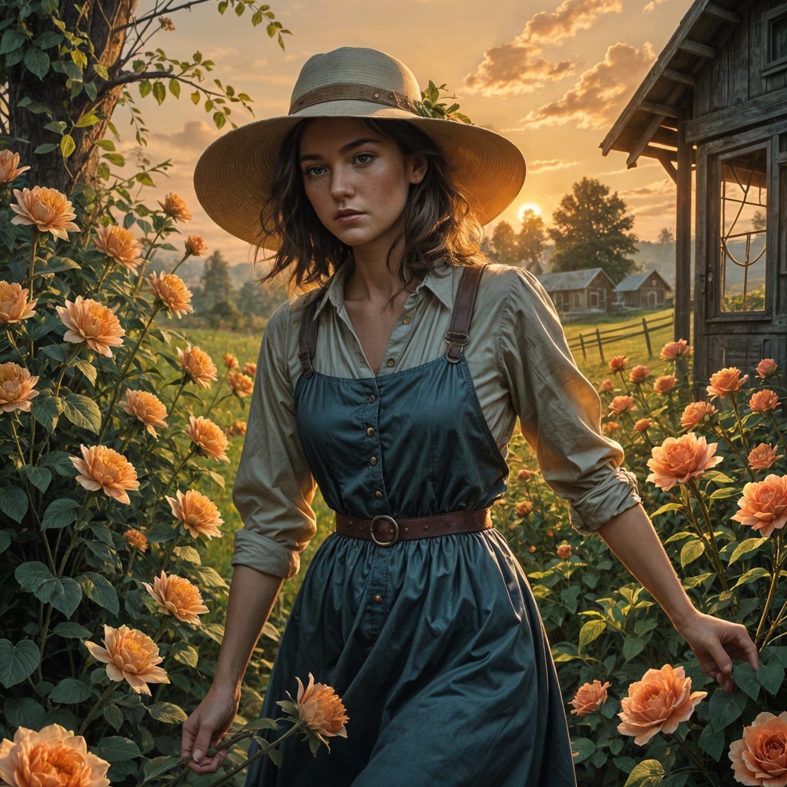 Stunning Farm Sunset Scene with a Girl in a Vibrant Garden