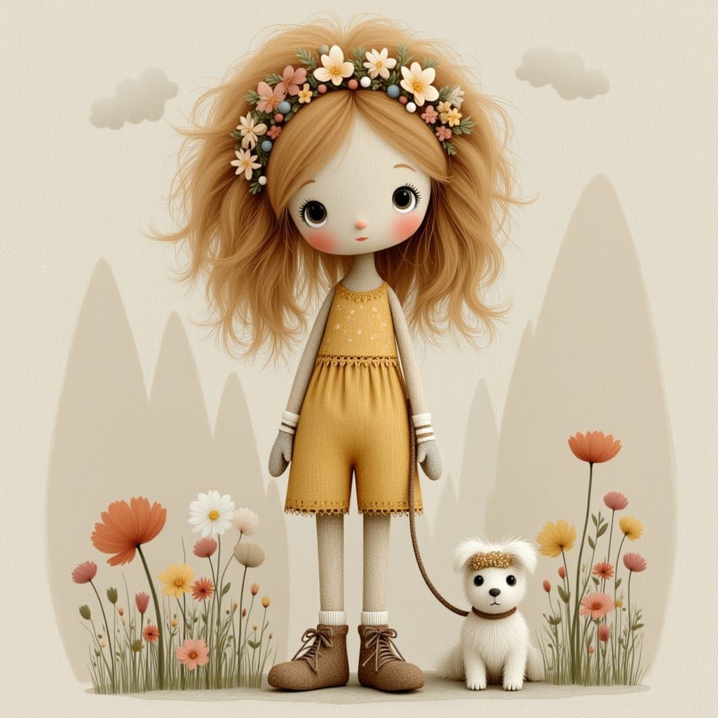 Whimsical Claymation Toddler with Maltese Dog